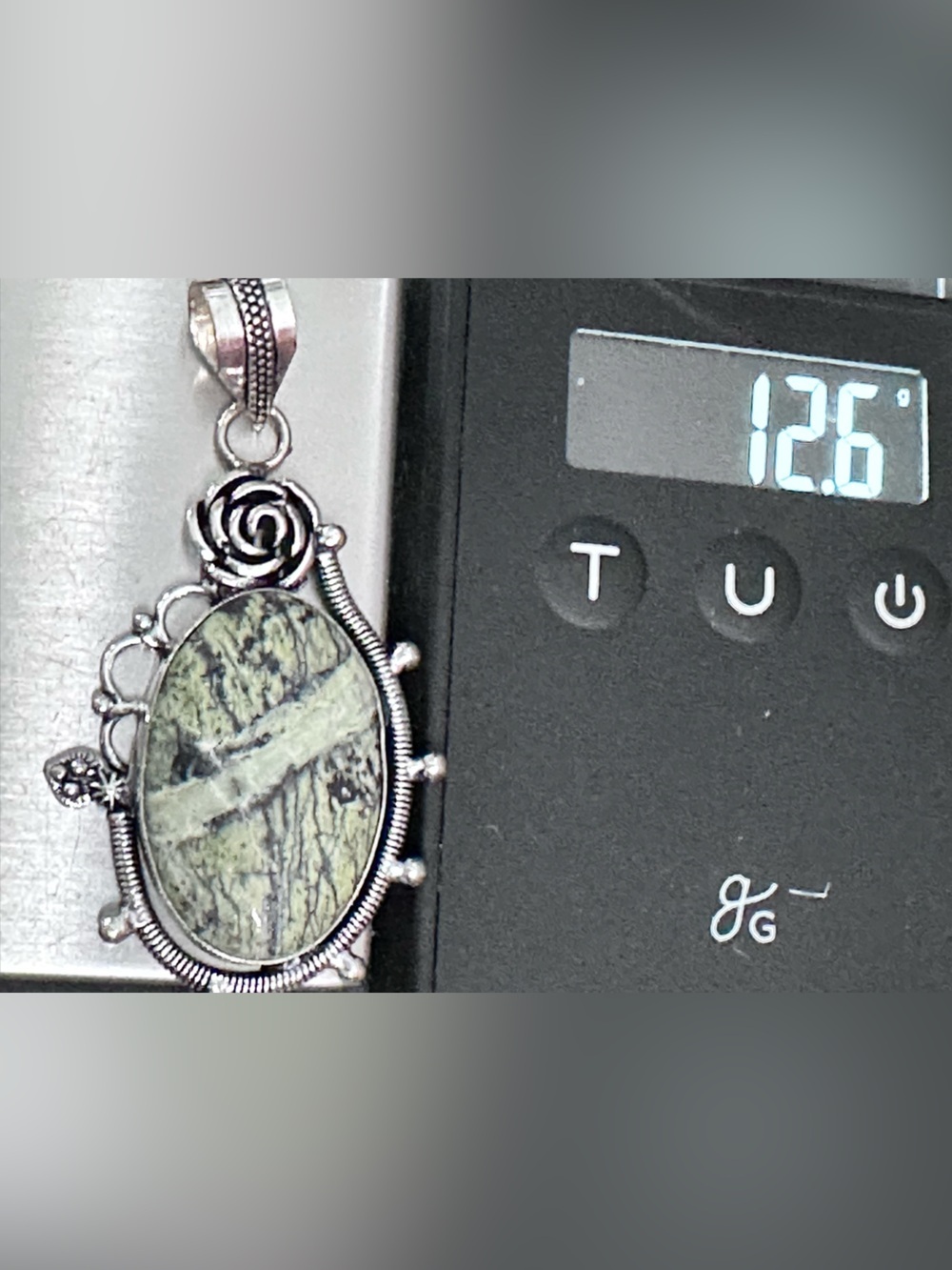 Artisan Silver Oval Green Dendritic Jasper Pendant Necklace with Rose Motif - Picture 7 of 13